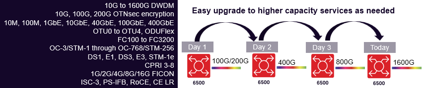 Diagram of Ciena 6500 full range of services that are supported over any distance