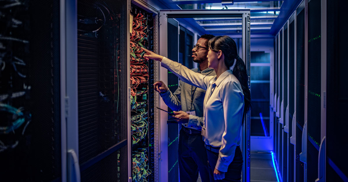 Two individuals looking at servers