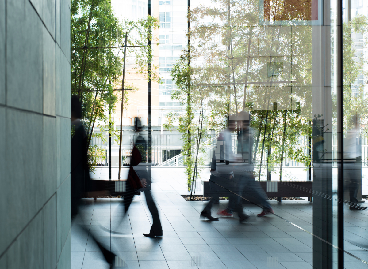 fast paced office workers walking in front of a window